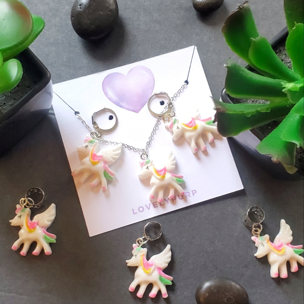 🦄 Unicorn Necklace & Earrings Set AND Dreadlock, Sisterloc, Braid, Hair Jewelry